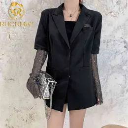 Pista de pista de verão sólido blazer para mulheres manga comprida diamante patchwork elegante casaco feminino moda roupas 210506