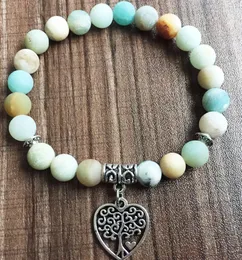 8mm Matt Strands Amazonite Armband Yoga Bön Armband Mala Pärlor Kärlek Livet Tree Hänge för kvinnor och män