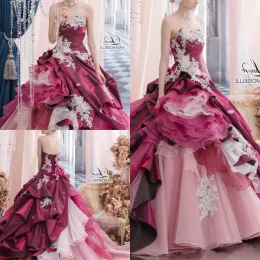 Fuchsia Quinceanera Dresses with Lace Aptique Sweetheart Neckline Corset Back Tiered Handmade Flowersedoreeveless Prom Sweet 16 Evening Ball Gown Vestidos 403 403