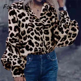 Loose Elegant Leopard Print Blouse Shirt Oversized Women Boho Turn-down Collar Tops Long Sleeve Spring Autumn 210427