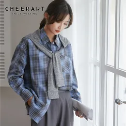 2 sztuka Blue Buffalo Plaid Koszula z długim rękawem Damskie Przycisk Kołnierz Casual Top Koreański Odzież mody 210427