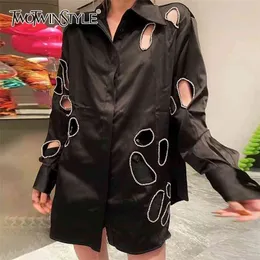 Gevşek Siyah Zarif Gömlek Kadınlar için Yaka Uzun Kollu Oymak Rahat Düz Bluzlar Kadın Bahar Moda 210524