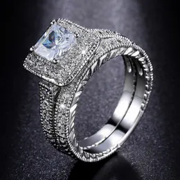 Vecalon vintage älskare lab diamant ring uppsättningar 925 sterling silver bijou engagemang bröllop band ringar för kvinnor brud charm smycken gåva