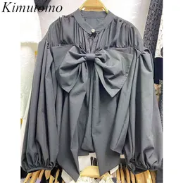 Kimutomo enkel söt båge blus korea chic kvinnor o-nacke solid puffhyle skjorta vår höst outwear mode elegant 210521
