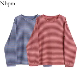 Nbpm Damenbekleidung Gestreiftes T-Shirt Koreanische Mode Top Basic Vintage Kleidung Langarm Baumwolle T-Shirts Weiblich Rosa Frühling 210529