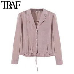 TRAF Femmes Mode Avec Cordon Lâche Blouses Confortables Vintage Manches Longues Boutonné Chemises Femme Blusas Chic Tops 210415