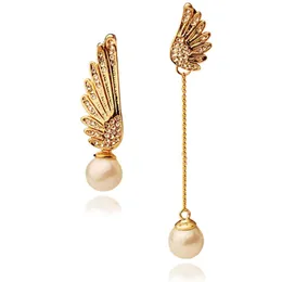 Charms Ear Stud Clip Rings Japan and South Korea Jewelry Angel Wings Pearl Asymmetric Long Tassel Rhinestone Female