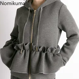 Nomikuma Höst Vinter Hooded Sweatshirt Coat Koreanska Ruffle Patchwork Hoodie Jacket Causal Långärmad Hoody 6d507 210427