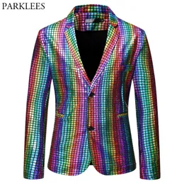 Mens Stylish Dancer Stage Blazer Jacket Gold Silver Rainbow Plaid Sequin Male Disco Festival Carnaval Party Prom Costumes Men's Suits & Blaz