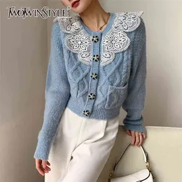 여성용 캐주얼 패치 워크 레이스 스웨터 V 목 긴 소매 한국 스웨터 여성 패션 의류 봄 210524