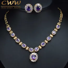 Brilliant Round Dangle Drop Purple Crystal Bridal Necklace And Earring Set Dubai Gold Color Wedding Jewelry T275 210714