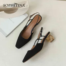 Sophitina Concizeスタイルの女性ヒールの靴女性ミッド奇妙なヒールの快適なドレス夏のスクエアトゥーエードリーバースリングバックFO105 210513