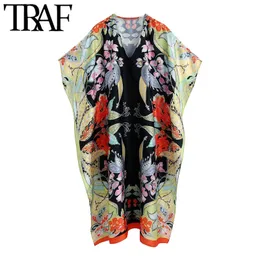 Traf Mulher Chique Moda Floral Impressão Solta Midi Vestido Vintage Lado de Manga Curta Lado Vestidos Vestidos 210415