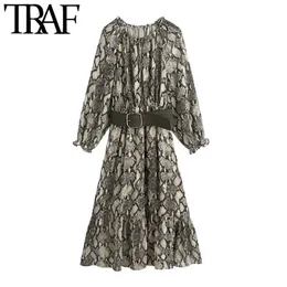 TRAF Women Chic Fashion With Belt Snake Print Ruffled Midi Dress Vintage Long Sleeve Elastic Waist Female Dresses Mujer 210415