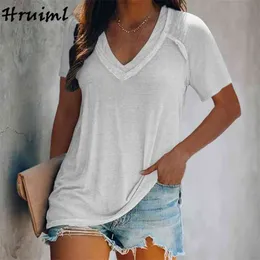 Satış Artı Boyutu S-5XL Üst Kadınlar Katı Renk V Boyun Streetwear T-Shirt Kısa Kollu Gevşek Rahat Moda Kadın Giyim Bluz 210513