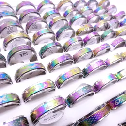 Wholesae 100PCs/Lot Stainless Steel Spin Band Rings Rotatable Multicolor Laser Printed Mix Patterns Fashion Jewelry Spinner Party Gift