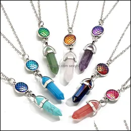 Colares pingentes de joias coluna hexagonal pingente de pedra natural com peixe escala de chakra colar de cristal charms sier cadeia collana