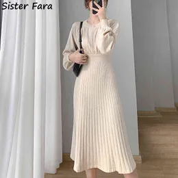 Syster Fara 2022 Vår Höst Elegant Knä-längd Sticka Klänning Kvinnor Lantern Sleeve Långa Klänningar Ladies High Waist Mid-Calf Dress Y220214