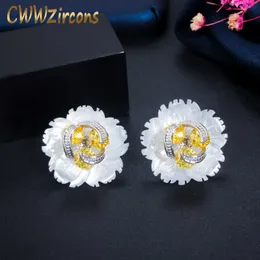 2 em 1 Design Natural Shell Flor Yellow CZ Stone Big Stud Brincos para senhoras Marca de moda única jóias CZ684 210714