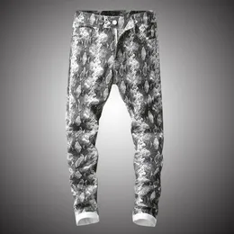 Moda Streetwear Snakeskin Print Jeans Mężczyźni Elastyczne Dżinsy Spodnie Spodnie Hip Hop Casual Pant White Slim Fit BP015 Mężczyźni