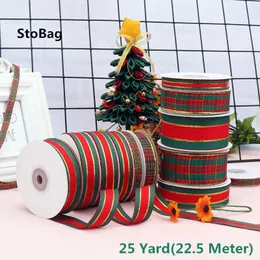 StoBag 25Yards Merry Chirstmas Ribbon Gift Package Boxes Decoration Supplies Ribbons Child Baby Show Handmade Candy Decorating 210602