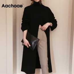 Aachoae Mode Stickad Turtleneck Långtröja Kvinnor Front Split Office Solid Pullover Höst Vinter Elegant Jumper Sweaters 211221