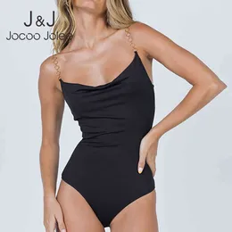 Jocoo Jolee Casual Sleeveless Black Tops Women Metal Chain Strap Backless Solid Collor Bodysuits Elegant Sexy Club Body Suits 210518