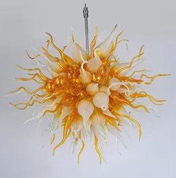 Hand Blown Art Glass Chandelier Lamp Gold and White Color Hotel Wedding Hall Decoration Hanging LED Pendant Lights Customized accept