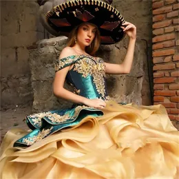 النمط العربي قبالة الكتف الكشكشة المزينة Quinceanera فساتين Vestidos de 15 Aos الكشك