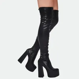 Cavaleiro de couro de carneiro Lady Knight 2021 Botas quadradas 14,5 cm de salto Med Heels Solid Zipper plataforma coxa de altura dos dedos dos dedos dos dedos dos dedos dos pés compridos