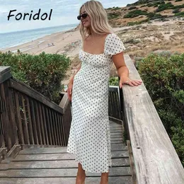 Foridol Polka Dot Rosa Vintage Slit Dress Puff Sleeve Long Up Lång Klänning Strand Holiday Sommarklänning Elegant Ladies Sundress 210415