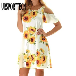 Ursporttech kvinnor klänningar sommar sexig o nacke blommig tryck boho strand klänning kortärmad en linje elegant mini klänning sundress 210528