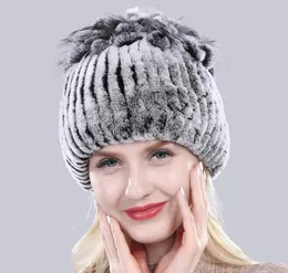 Vinterkvalitet Real Fur Hat Natural Warm Rex Kanin Fur Cap Lady Stickad 100% Äkta Kaninhattar GC655