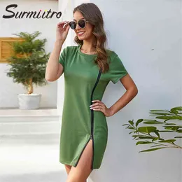 Mini sommar klänning kvinnor med dragkedja kortärmad gul röd grön tunik party bodycon sundress kvinnlig 210421