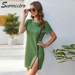 Mini Summer Dress Women With Zipper Short Sleeve Yellow Red Green Tunic Party Bodycon Sundress Female 210421