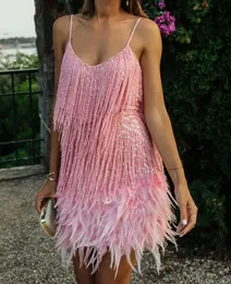 Casual Dresses Sexy V-Neck Fringed Sequined 3D Feather Stitching Pink Dress Harajuku Bright Silk Tassels Party Bead Bandage Vestido