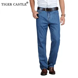 TIGER CASTLE 100% Cotton Summer Men Classic Blue Jeans Straight Long Denim Pants Middle-aged Male Quality Lightweight 210723