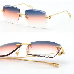 2021 Säljer kvinnor eller man metall stora fyrkantiga rimlösa män solglasögon designer pilot adumbral 18k guld diamant snitt lins tjocklek 3.0 uv400 glas unisex glasögon