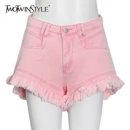 女性のためのピンクのパッチワークタッセルデニムのショートパンツのためのハイウエストカジュアルルーズショートパンツ女性夏のファッション服210521