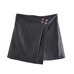 Women's Shorts Clazzaa Fashion Faux Leather Women High-waisted Invisible Side Zipper Casual Chic Lady PU Short Skort Pants Female