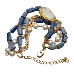 YYGEM 4 Strands Natural Blue Kyanite Nugget White Round Freshwater Pearl Cz Chain statement Bracelet Handmade for women