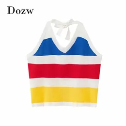 Sexig Backless Beach Tank Kvinnor Sommar Stripe Patchwork Ladies Toppar Mode Holiday Halter Knitted Top Female Ropa Mujer S-L 210515