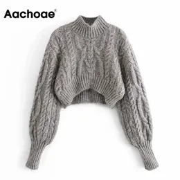 Aachoe Women Moda Cinza Crown Sweater Feminino Turtleneck Casual Tops Tops Lantern Manga Longa Torção Chic Pullover 210413