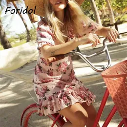 Folidol Floral Print Pink Летнее Платье Женщины V Винтаж Винтаж Короткое Платье Beach Rootch Слоистую Австралия Мини Boho Sundress 210415