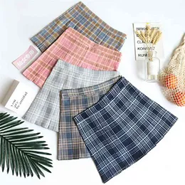 BEFORW Preppy 한국 짧은 치마 새로운 높은 허리 미니 여자 스커트 kawaii 핑크 격자 무늬 주름 테니스 캐주얼 스커트 210408