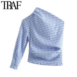 Женщины мода плиссированные асимметрии проверяют блузки винтажные одно плечо задние кнопки женские рубашки Blusas Chic Tops 210507