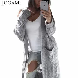 Logami Cardigan Płaszcz Damskie Kieszenie Sweter Długie Kobiety Ciepłe Grube Krój Zima 210907