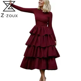 Women Dress Wine Red Ruffles Long Sleeve High Waist Ladies es Temperament Maxi es Plus Size 210524