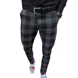 Mäns byxor Smart Casual Fashion Herrkläder Plaid Penna Byxor Tunn Mitt Midja Jogger Casual Trousers Byxor För Män Y0811