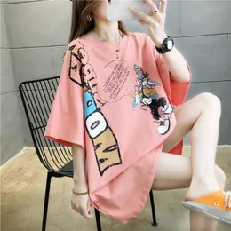 Summer Womens Tops Tees T-shirt Short-sleeved Cute Cartoon Printed Cotton Round Neck Loose with Fashion